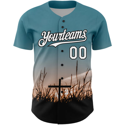 Custom Teal White-Black 3D Pattern Design Religion Cross Jesus Christ Good Friday Authentic Baseball Jersey