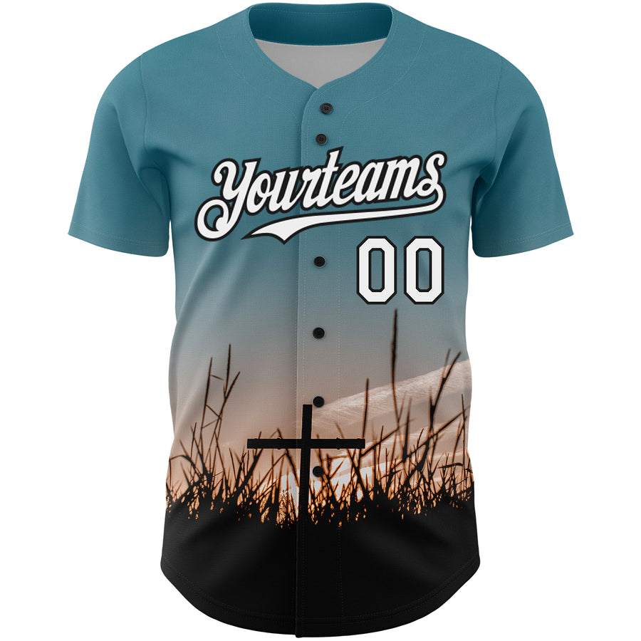 Custom Teal White-Black 3D Pattern Design Religion Cross Jesus Christ Good Friday Authentic Baseball Jersey