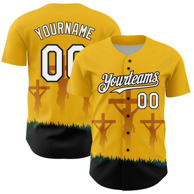 Custom Yellow White-Black 3D Pattern Design Religion Cross Jesus Christ Good Friday Authentic Baseball Jersey