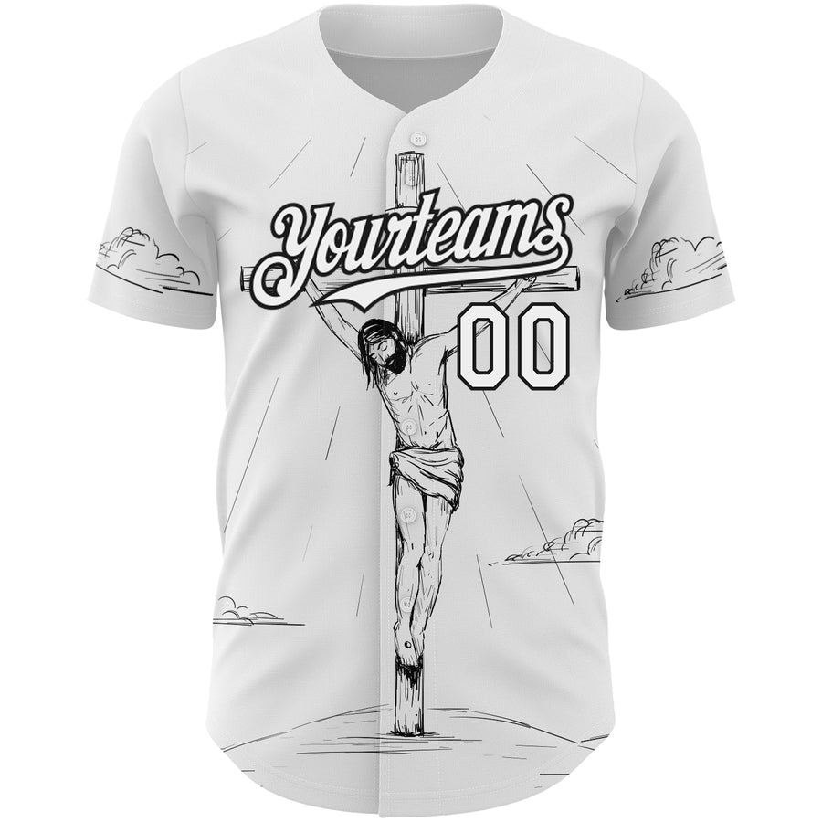 Custom White Black 3D Pattern Design Religion Cross Jesus Christ Good Friday Authentic Baseball Jersey