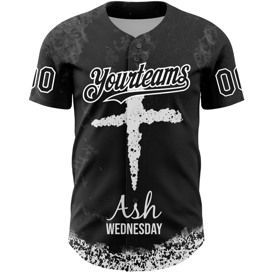 Custom Black White-Gray 3D Pattern Design Religion Cross Jesus Christ Ash Wednesday Authentic Baseball Jersey