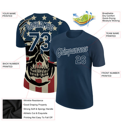 Custom US Navy Blue White 3D Skull With American Flag Performance T-Shirt