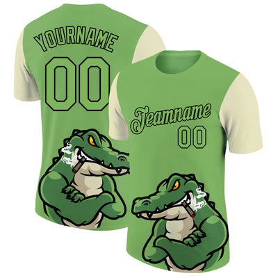 Custom Aurora Green Black-Cream 3D Pattern Design Crocodile Performance T-Shirt