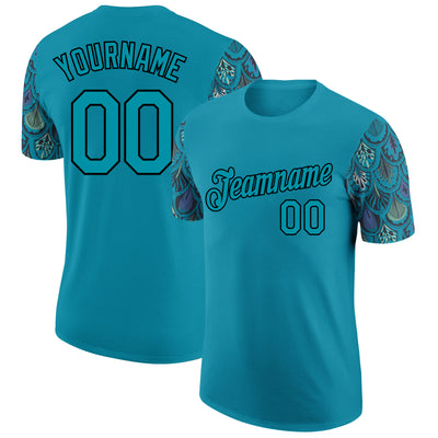 Custom Teal Black 3D Pattern Design Feather Performance T-Shirt