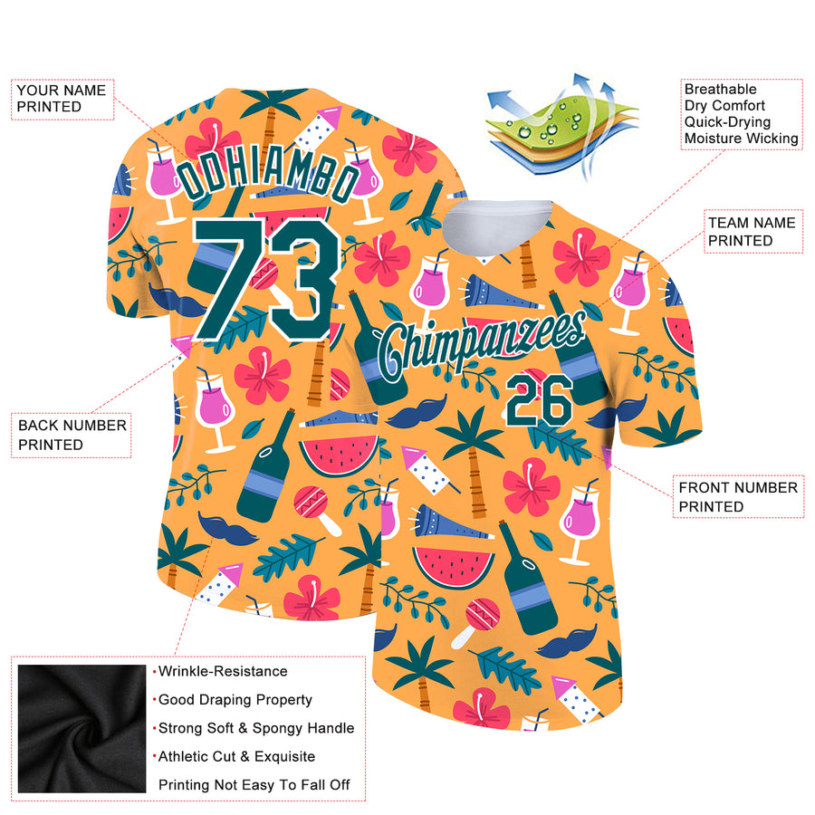 Custom Yellow Midnight Green-White 3D Pattern Design Hawaii Summer Holiday Performance T-Shirt