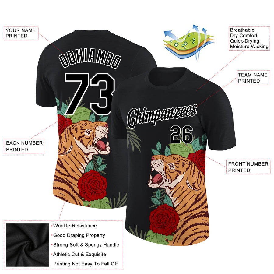 Custom Black White 3D Pattern Design Tiger Performance T-Shirt