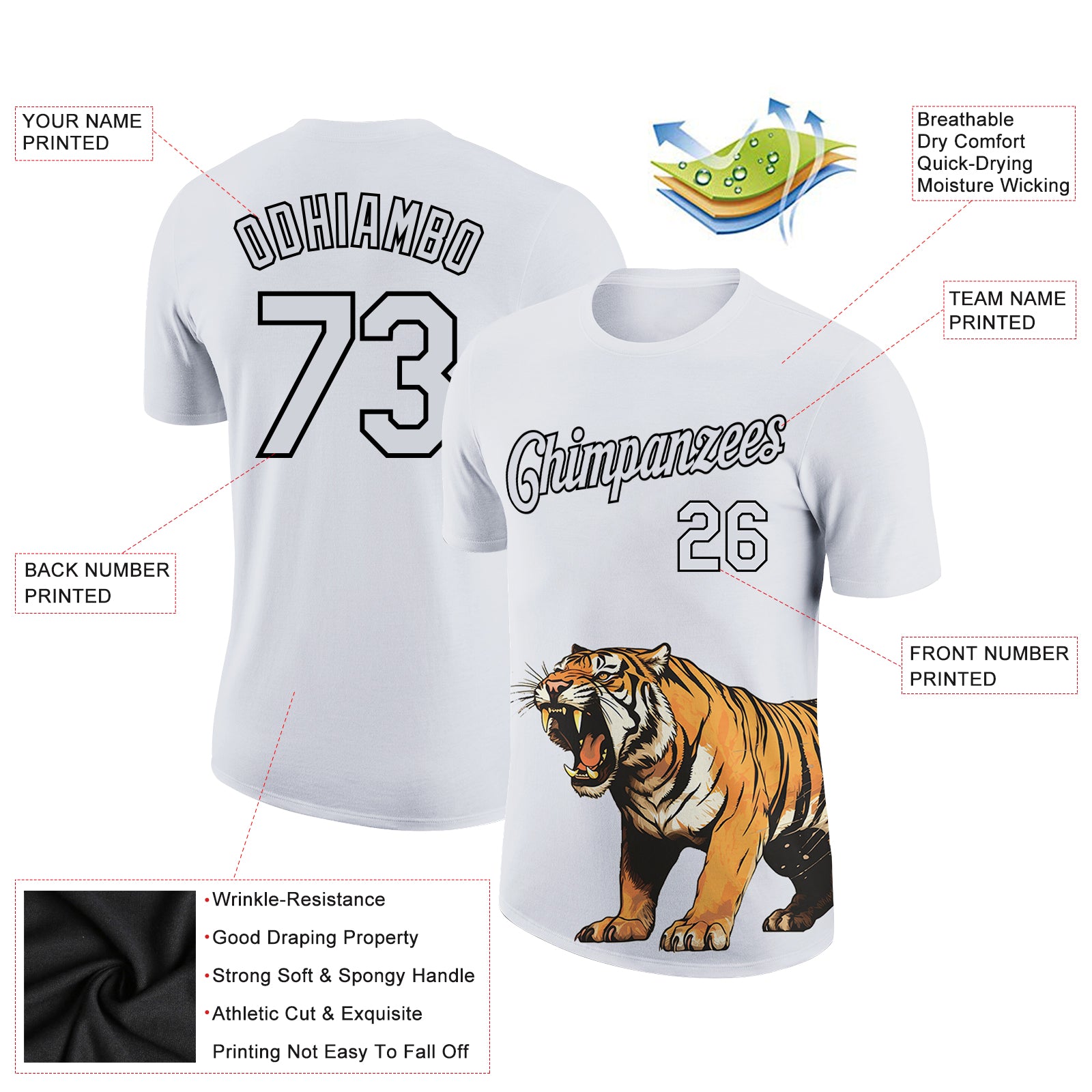 Custom White Black 3D Pattern Design Tiger Performance T-Shirt