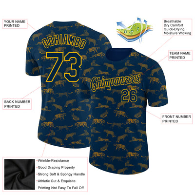 Custom Navy Gold 3D Pattern Design Tiger Performance T-Shirt