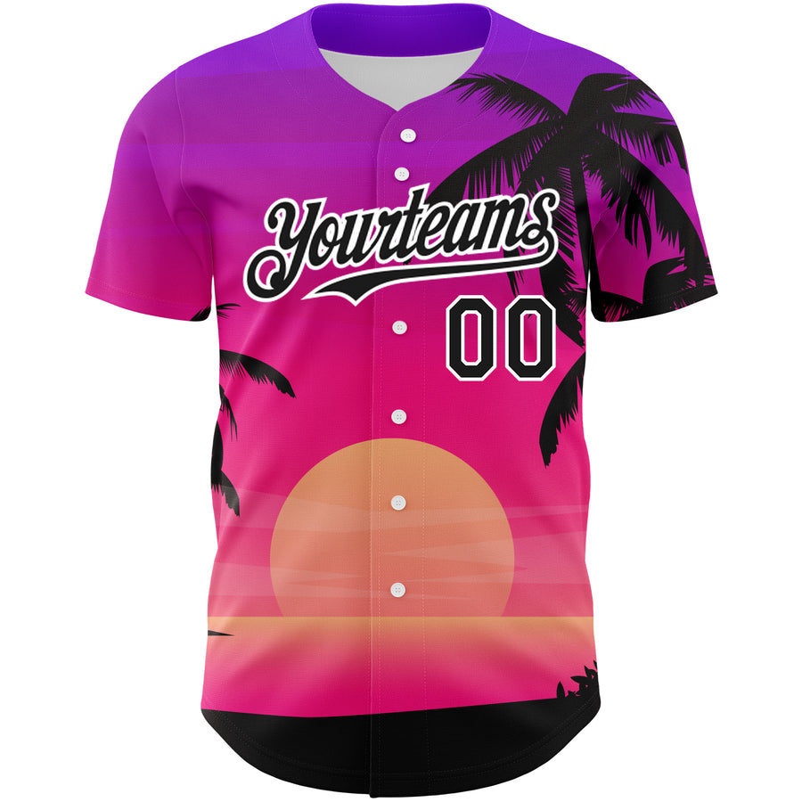 Custom Purple Black-White 3D Pattern Design Beach Hawaii Palm Trees Authentic Baseball Jersey