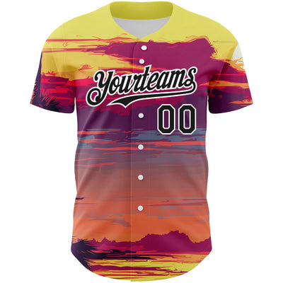 Custom Yellow Black-White 3D Pattern Design Beach Hawaii Palm Trees Authentic Baseball Jersey