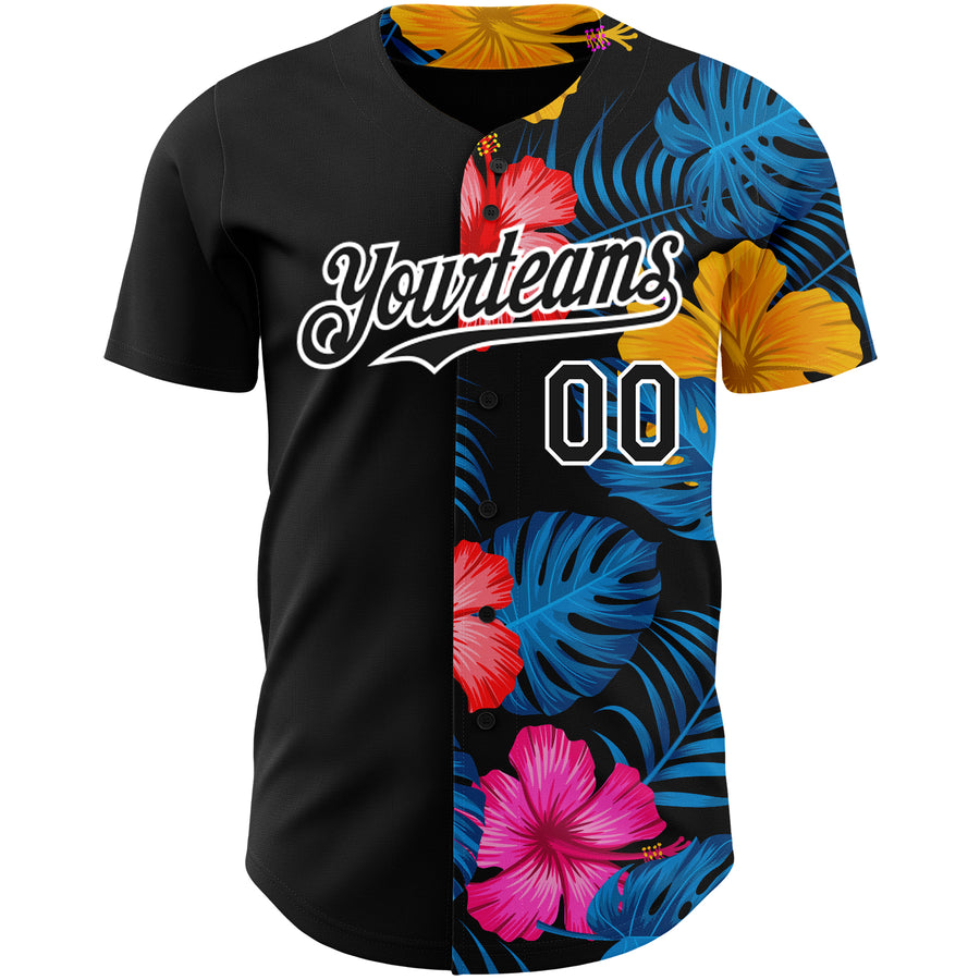 Custom Black White 3D Pattern Design Tropical Flower And Hawaii Palm Leaves Authentic Baseball Jersey