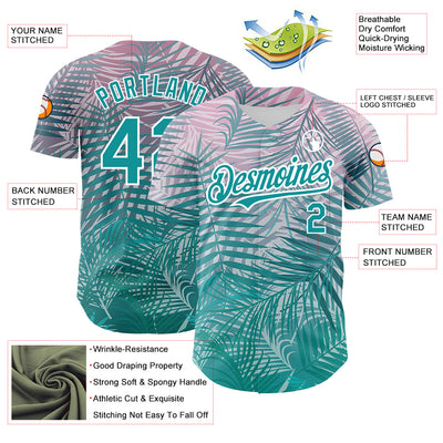 Custom Teal White 3D Pattern Design Tropical Hawaii Palm Leaves Authentic Baseball Jersey