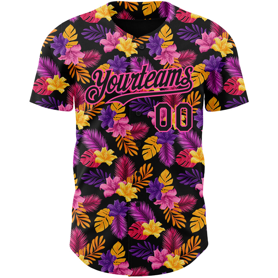 Custom Black Pink 3D Pattern Design Tropical Flower And Hawaii Palm Leaves Authentic Baseball Jersey