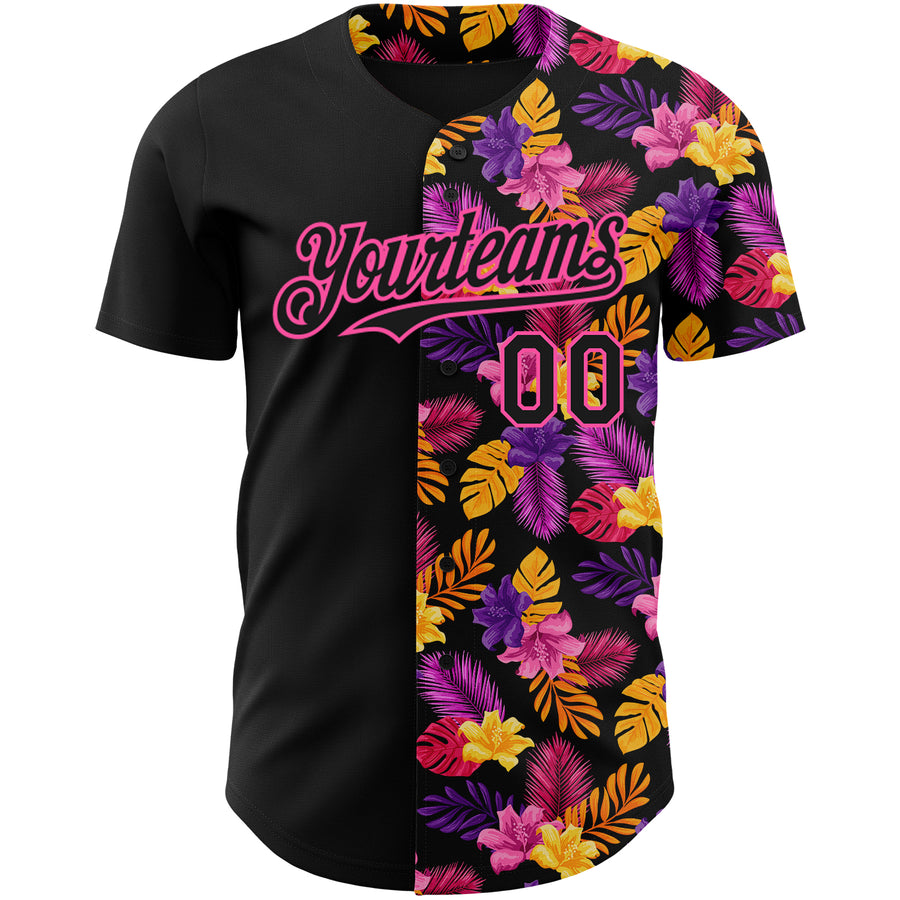 Custom Black Pink 3D Pattern Design Tropical Flower And Hawaii Palm Leaves Authentic Baseball Jersey