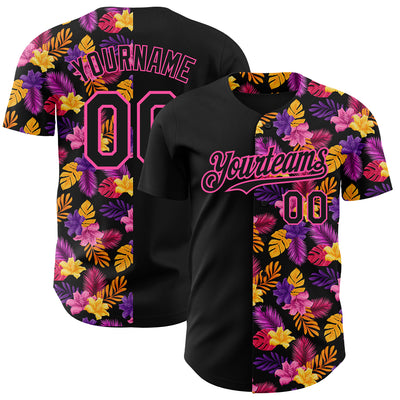 Custom Black Pink 3D Pattern Design Tropical Flower And Hawaii Palm Leaves Authentic Baseball Jersey