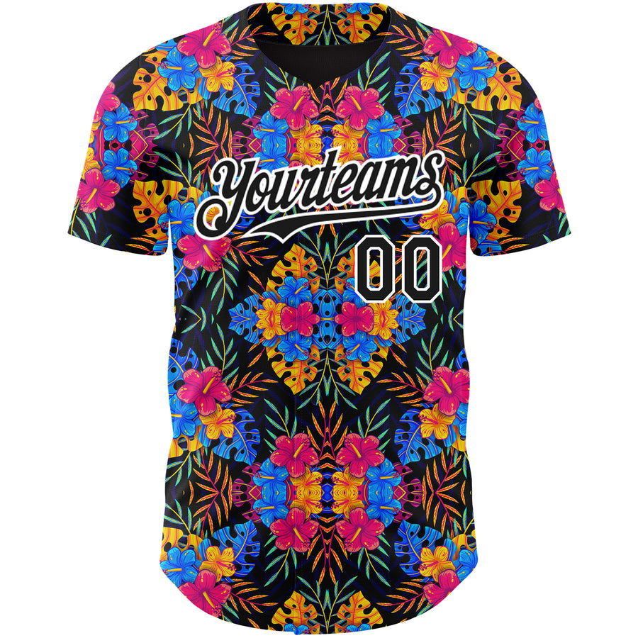 Custom Black White 3D Pattern Design Tropical Flower And Hawaii Palm Leaves Authentic Baseball Jersey