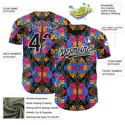 Custom Black White 3D Pattern Design Tropical Flower And Hawaii Palm Leaves Authentic Baseball Jersey