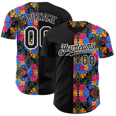 Custom Black White 3D Pattern Design Tropical Flower And Hawaii Palm Leaves Authentic Baseball Jersey