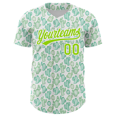 Custom White Neon Green 3D Pattern Design Cactus Festival Authentic Baseball Jersey