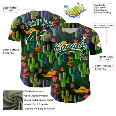 Custom Green White 3D Pattern Design Cactus Festival Authentic Baseball Jersey