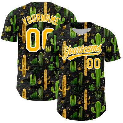 Custom Black Gold-White 3D Pattern Design Cactus Festival Authentic Baseball Jersey