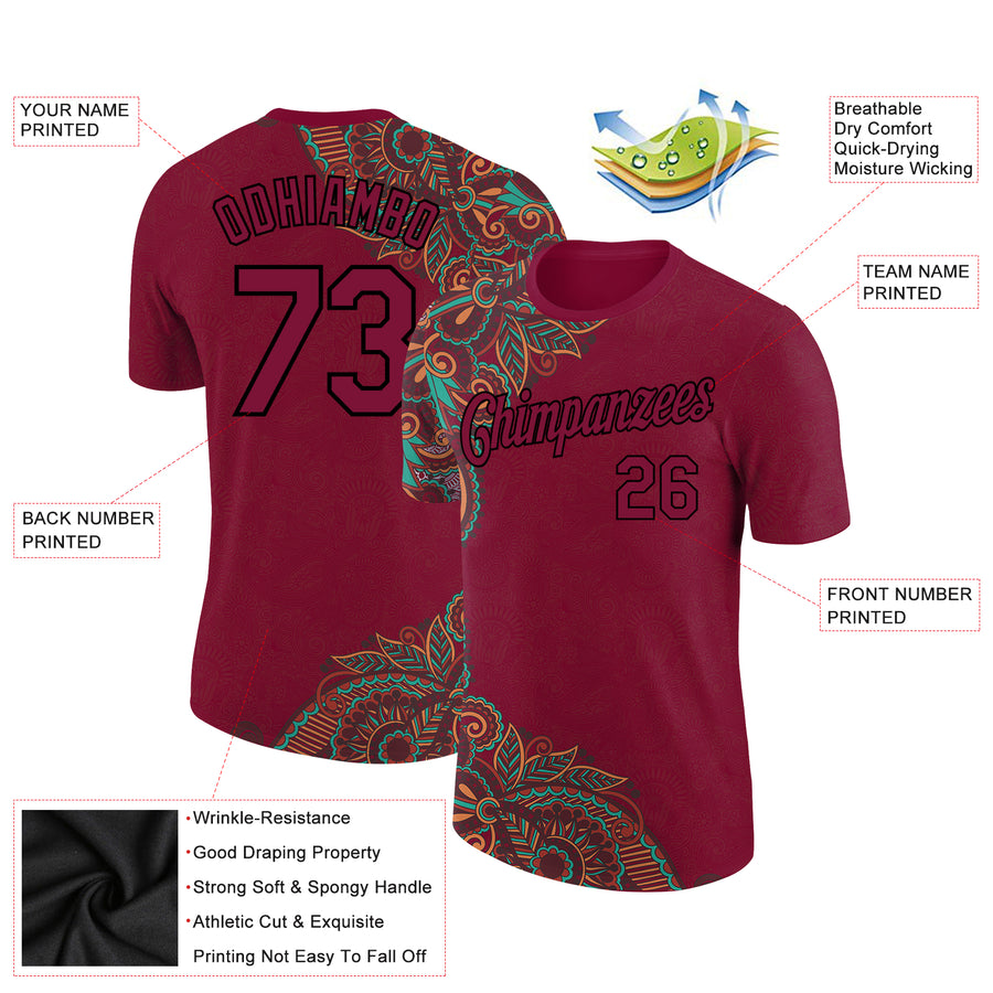 Custom Maroon Black 3D Pattern Floral Design Performance T-Shirt