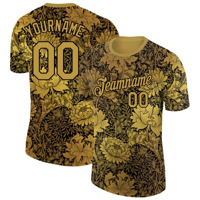 Custom Old Gold Black 3D Pattern Floral Design Performance T-Shirt