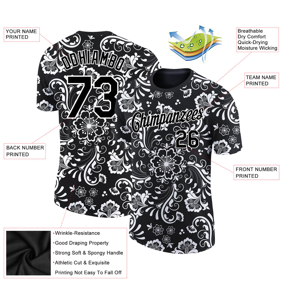 Custom Black White 3D Pattern Floral Design Performance T-Shirt