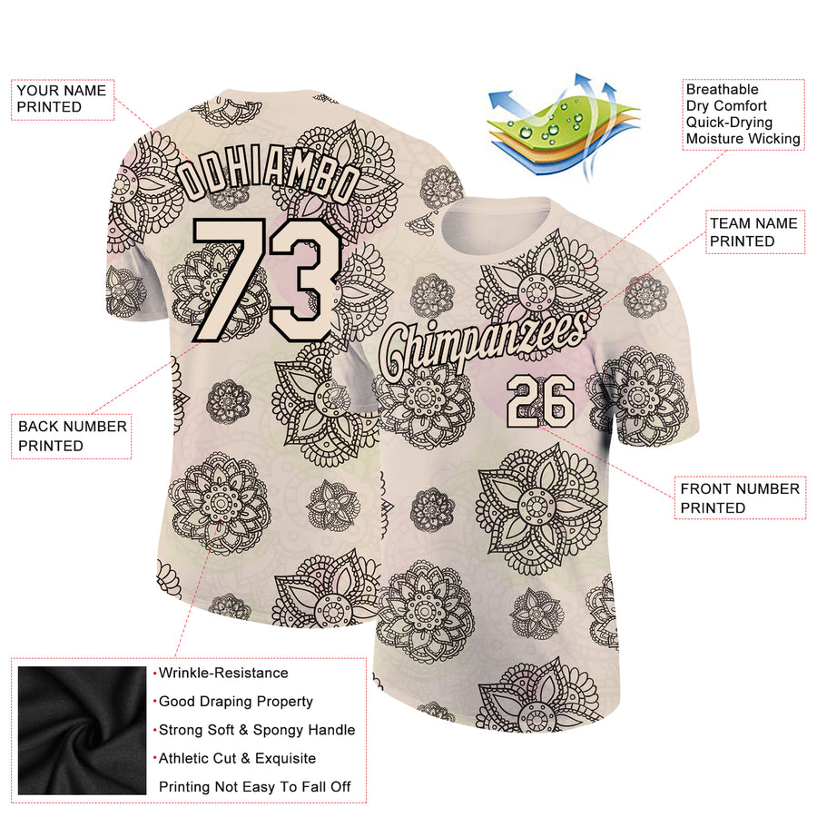 Custom City Cream Black 3D Pattern Floral Design Performance T-Shirt