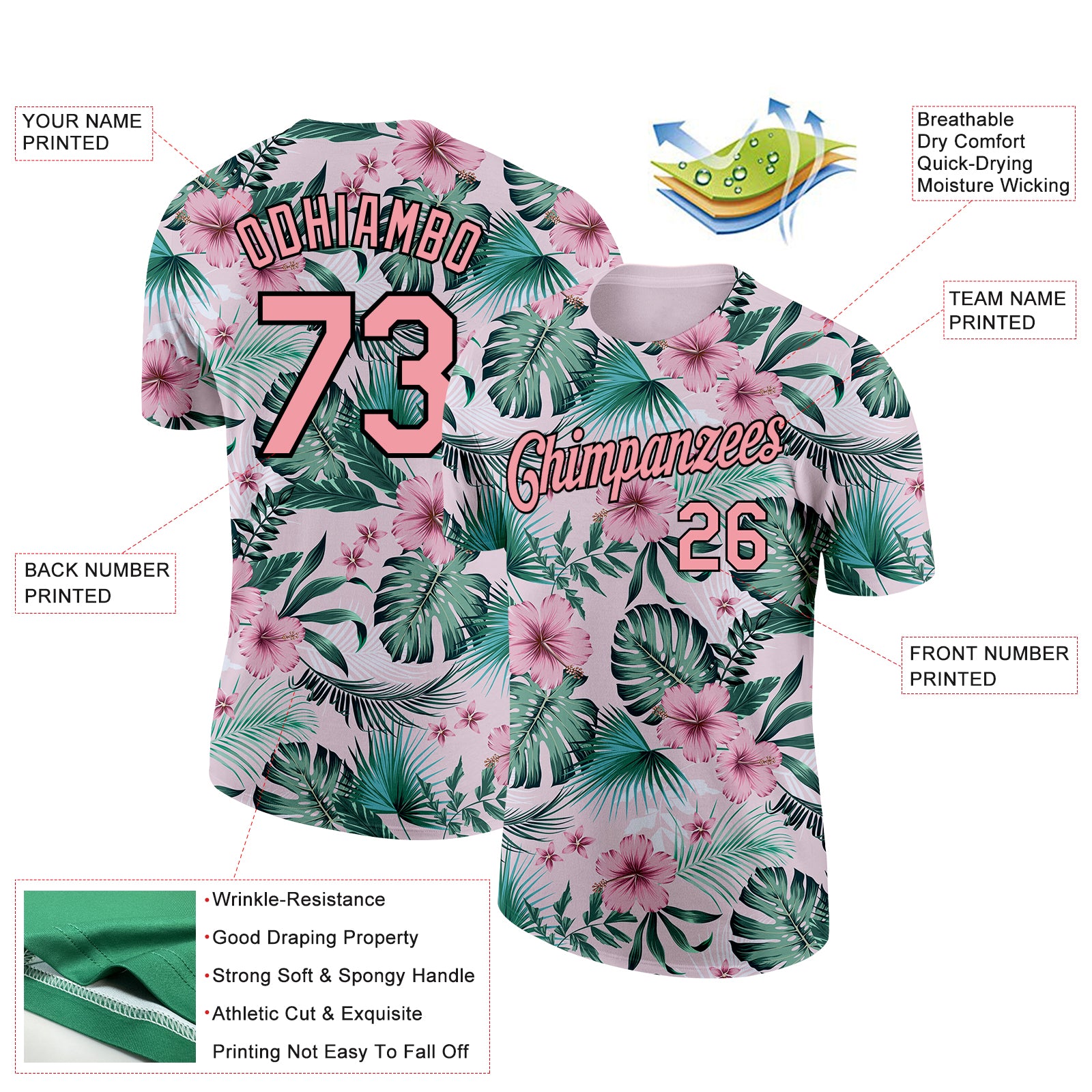 Custom Pink Medium Pink-Black 3D Pattern Design Hawaii Palm Leaves And Flowers Performance T-Shirt