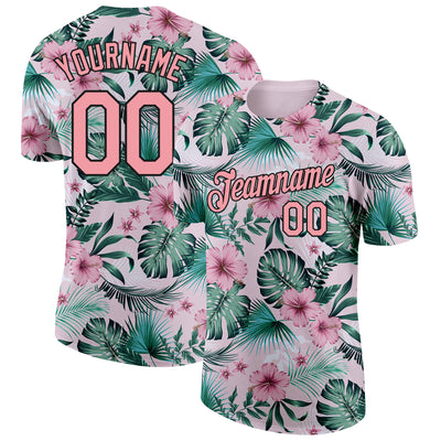 Custom Pink Medium Pink-Black 3D Pattern Design Hawaii Palm Leaves And Flowers Performance T-Shirt