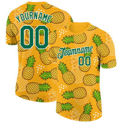 Custom Gold Kelly Green-White 3D Pattern Design Tropical Pineapple Performance T-Shirt