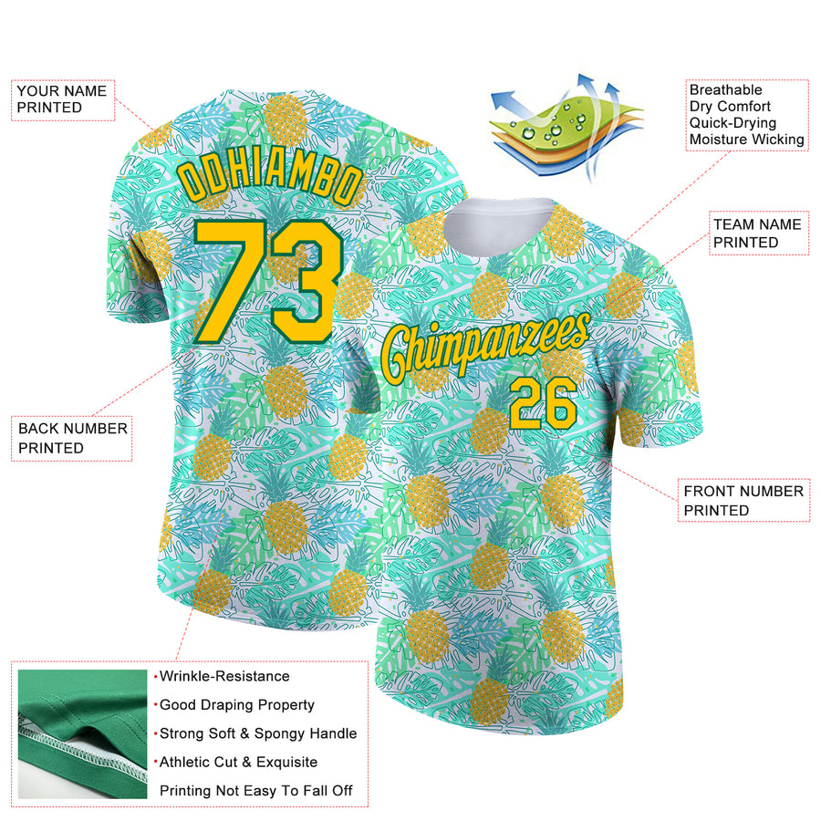 Custom White Yellow-Kelly Green 3D Pattern Design Hawaii Tropical Palm Leaves And Pineapple Performance T-Shirt