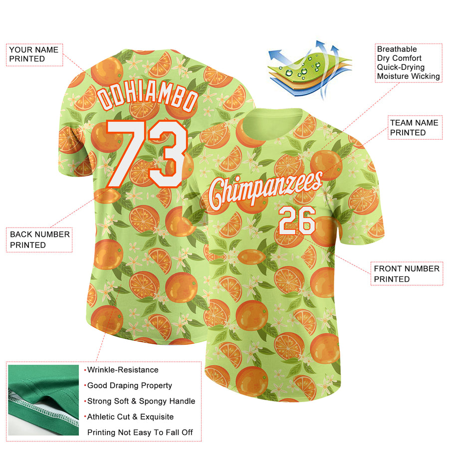 Custom Neon Yellow White-Orange 3D Pattern Design Orange Citrus Fruit Performance T-Shirt