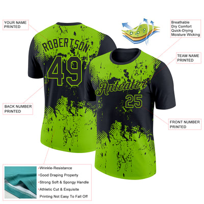 Custom Black Neon Green 3D Pattern Design Dripping Splatter Art Performance T-Shirt