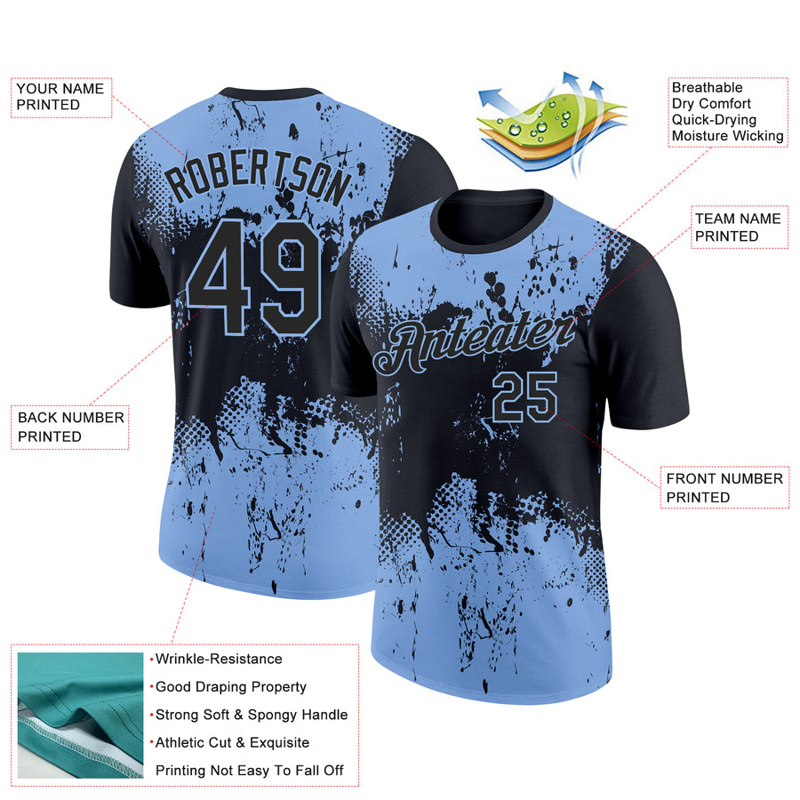 Custom Black Light Blue 3D Pattern Design Dripping Splatter Art Performance T-Shirt