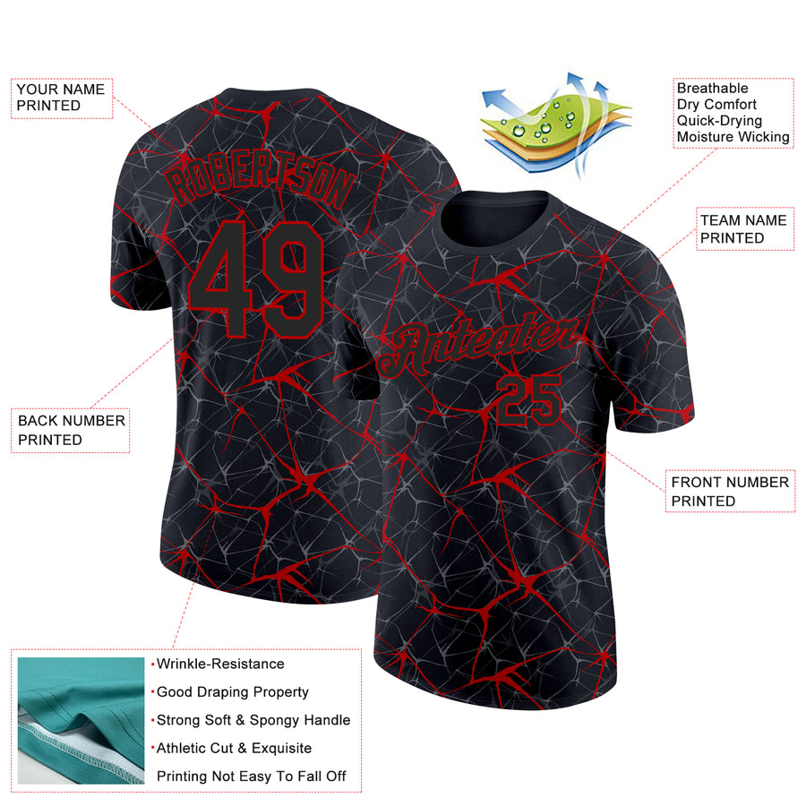 Custom Black Red 3D Pattern Design Abstract Network Performance T-Shirt