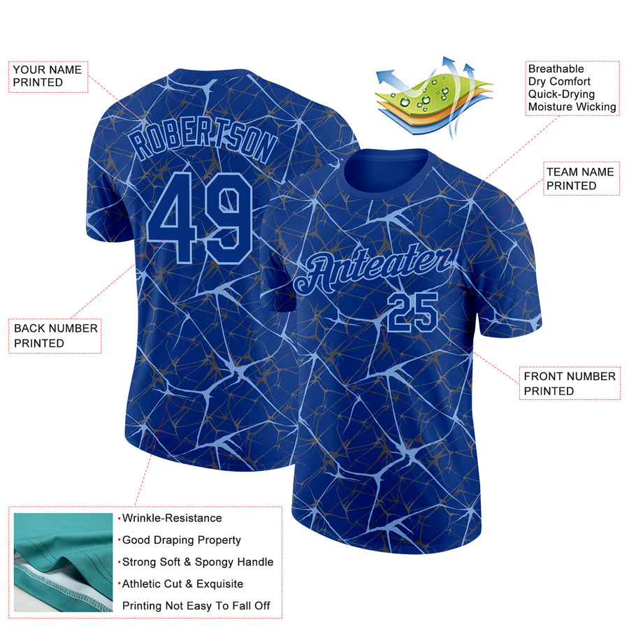 Custom Royal Light Blue 3D Pattern Design Abstract Network Performance T-Shirt