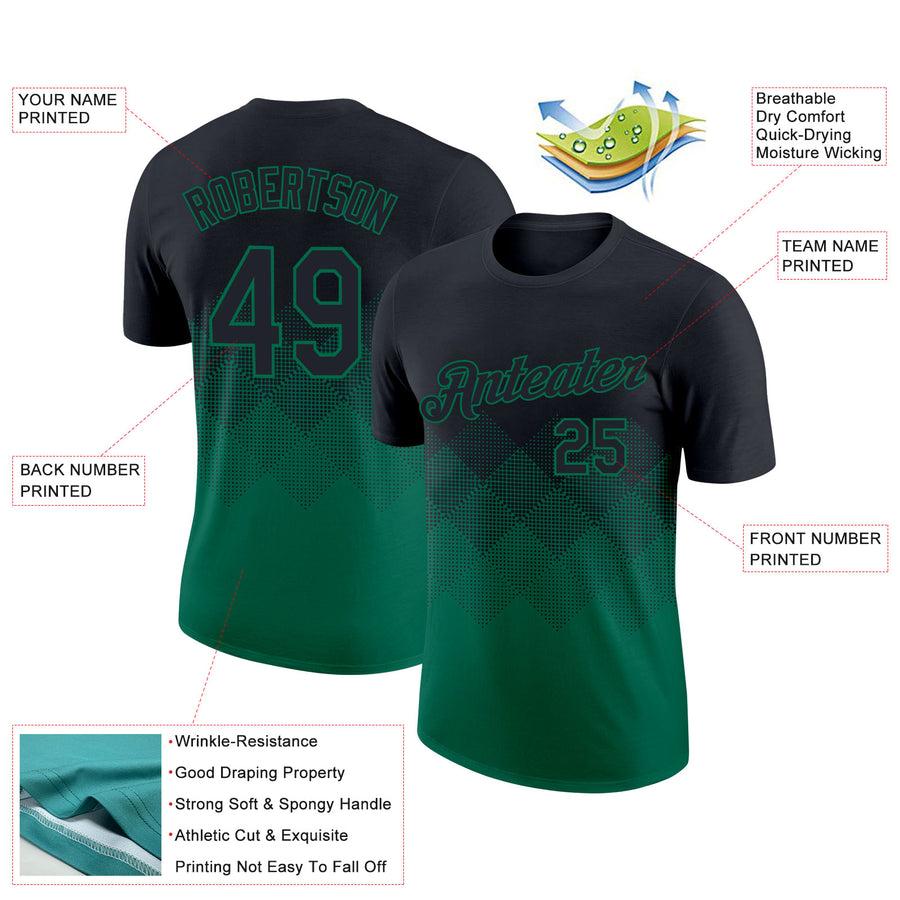 Custom Black Kelly Green 3D Pattern Design Gradient Square Shapes Performance T-Shirt