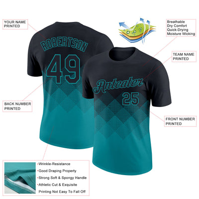 Custom Black Teal 3D Pattern Design Gradient Square Shapes Performance T-Shirt