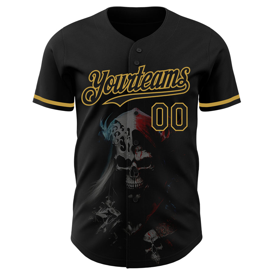 Custom Black Old Gold 3D Skull Fashion Authentic Baseball Jersey