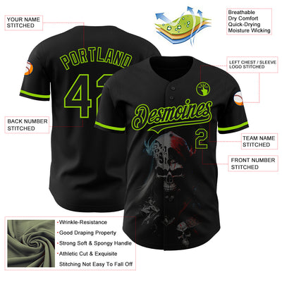 Custom Black Neon Green 3D Skull Fashion Authentic Baseball Jersey