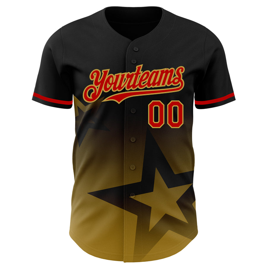 Custom Black Red Old Gold 3D Pattern Design Gradient Style Twinkle Star Authentic Baseball Jersey