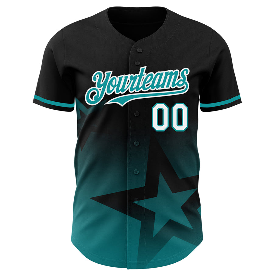 Custom Black Teal-White 3D Pattern Design Gradient Style Twinkle Star Authentic Baseball Jersey