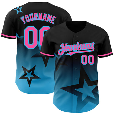 Custom Black Pink-Sky Blue 3D Pattern Design Gradient Style Twinkle Star Authentic Baseball Jersey