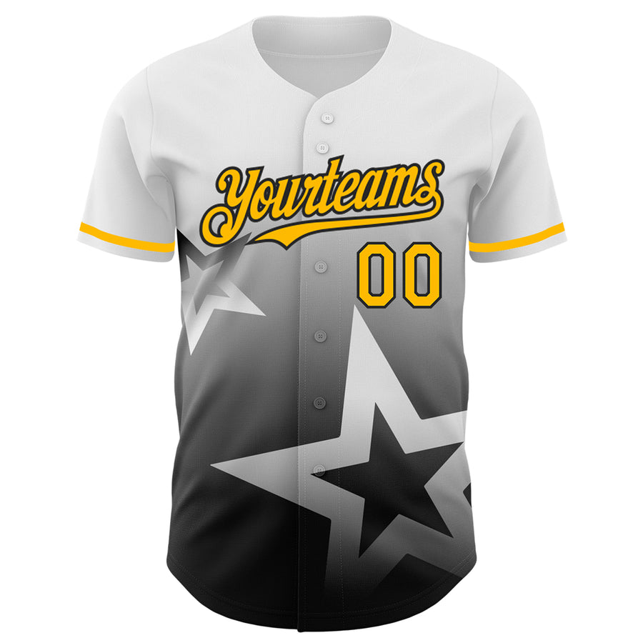 Custom White Gold-Black 3D Pattern Design Gradient Style Twinkle Star Authentic Baseball Jersey