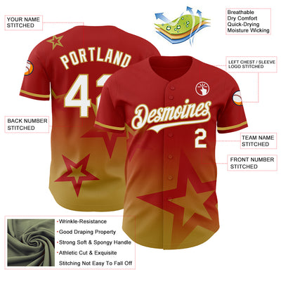 Custom Red White-Old Gold 3D Pattern Design Gradient Style Twinkle Star Authentic Baseball Jersey