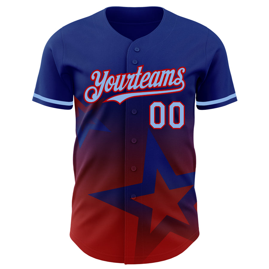 Custom Royal Light Blue-Red 3D Pattern Design Gradient Style Twinkle Star Authentic Baseball Jersey