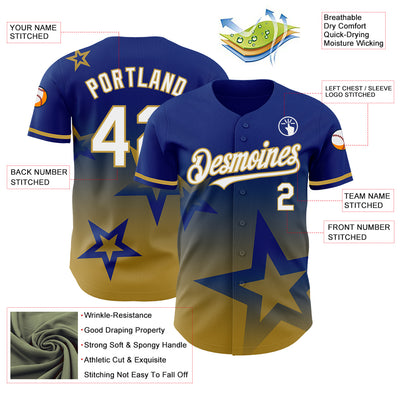 Custom Royal White-Old Gold 3D Pattern Design Gradient Style Twinkle Star Authentic Baseball Jersey