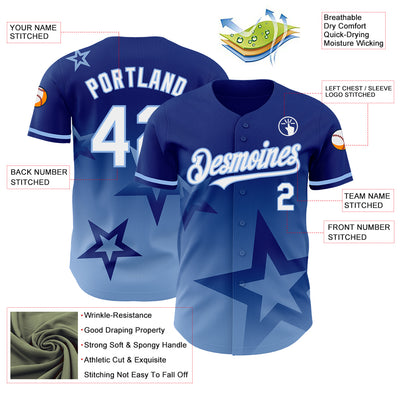 Custom Royal White-Light Blue 3D Pattern Design Gradient Style Twinkle Star Authentic Baseball Jersey